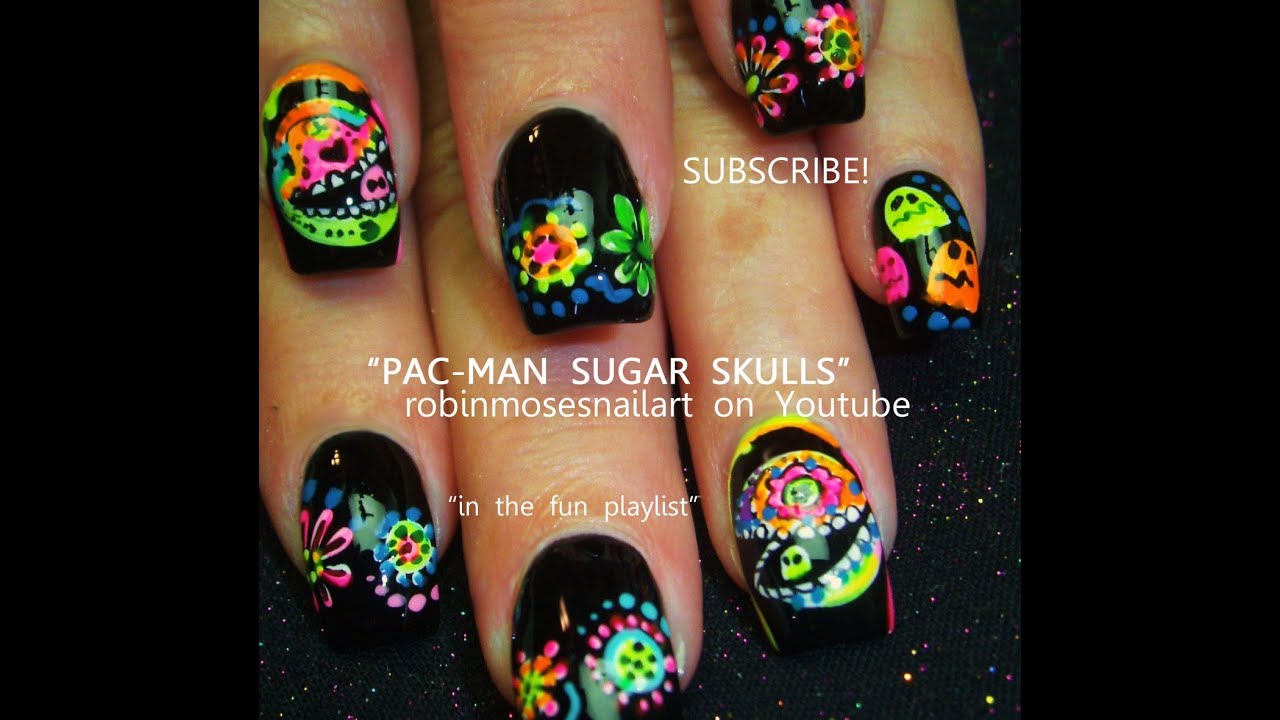 Day of the Dead Nail Art | Pac Man Sugar Skull Nails Design Tutorial